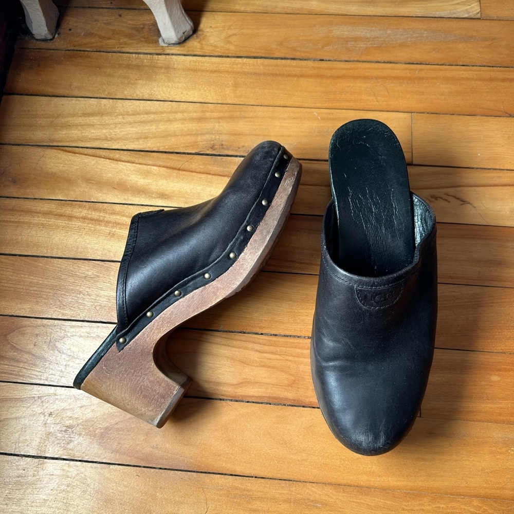 Black UGG Leather Clogs with Wooden Heel